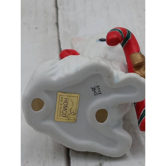 Vintage HOMCO White Christmas Kitten w/ Candy Cane Holiday Cat with Red Bow - Picture 4 of 4